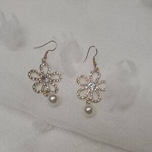 Gold and Silver Floral Earrings with Pearl Accent